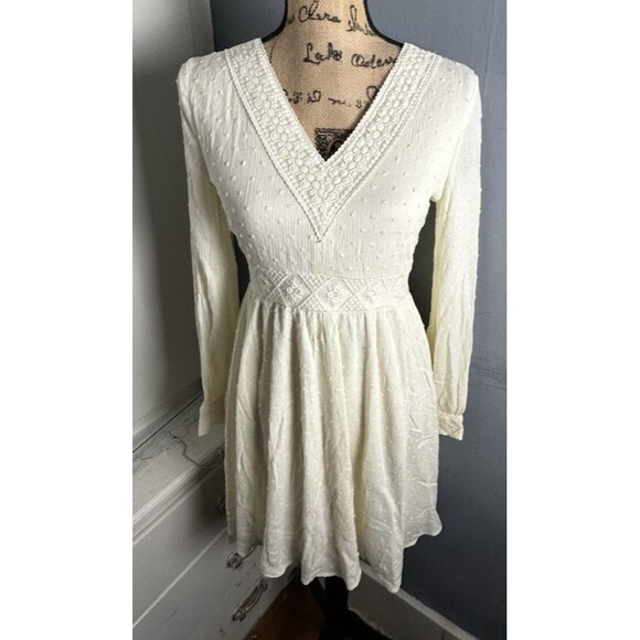 Women's XS French Dot Ivory Dress Empire Waist Lined Sheer Sleeves Flirty Party - Picture 1 of 12